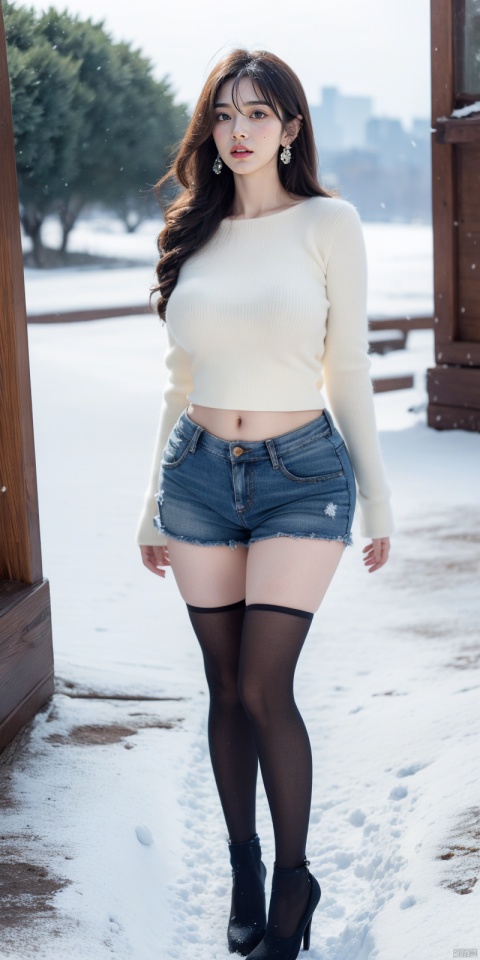  1girl,asian,(detailed background, outdoor,highly detailed background,flying snow,), colorful hair,arrings, parted lips, realistic, female focus, masterpiece,high resolution,1girl,ultra-detailed,extreme detailed, gradient,detailed eyes, mature female, (wide hips), thighhighs,chubby legs,sweater, ,jewelry,eyeshadow,earrings,puffy cloth,jean shorts, (highest detailed hair) ,full body, stunning colors, bold colors,hard light, zixia, heiguafu, depth of field,big breasts,nsfw, wangyushan,moyou, xiqing