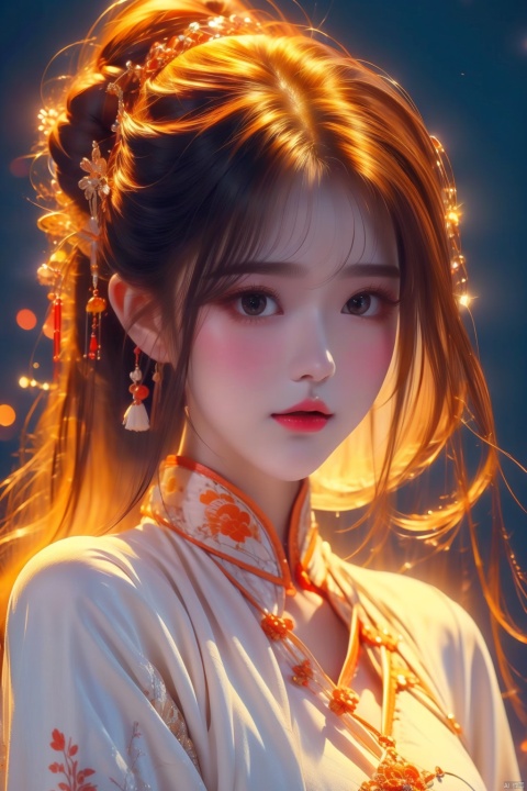 Best quality + masterpiece + Extremely high resolution +1 loli+ looking at the audience + detailed face + orange hair + deep eyes + dress + full bodyimage,,, masterpiece, best quality, mtianmei, mpaidui,