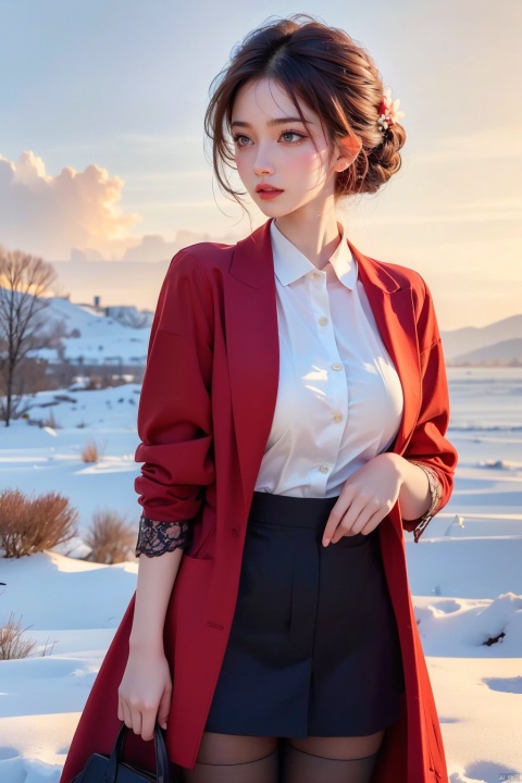  Outdoor scenery, snow view, Snow Mountain, girl, red wool coat, pretty face, short hair, blonde hair, (photo reality: 1.3) , Edge lighting, (high detail skin: 1.2) , 8K Ultra HD, high quality, high resolution, the best ratio of four fingers and a thumb, (photo reality: 1.3) , wearing a red coat, white shirt inside, big chest, solid color background, solid red background, advanced feeling, texture full, 1 girl, Xiqing, HSZT, Xiaxue, dongy, a girl, magic eyes, black 8d smooth stockings, 1girl, sd_mai, xiqing, tm, ((poakl flower style))
