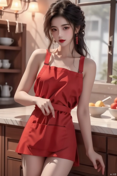  Best quality, masterpiece, photorealistic, 32K uhd, official Art,
1girl, (naked_red apron),thigh,red style,dofas, solo,