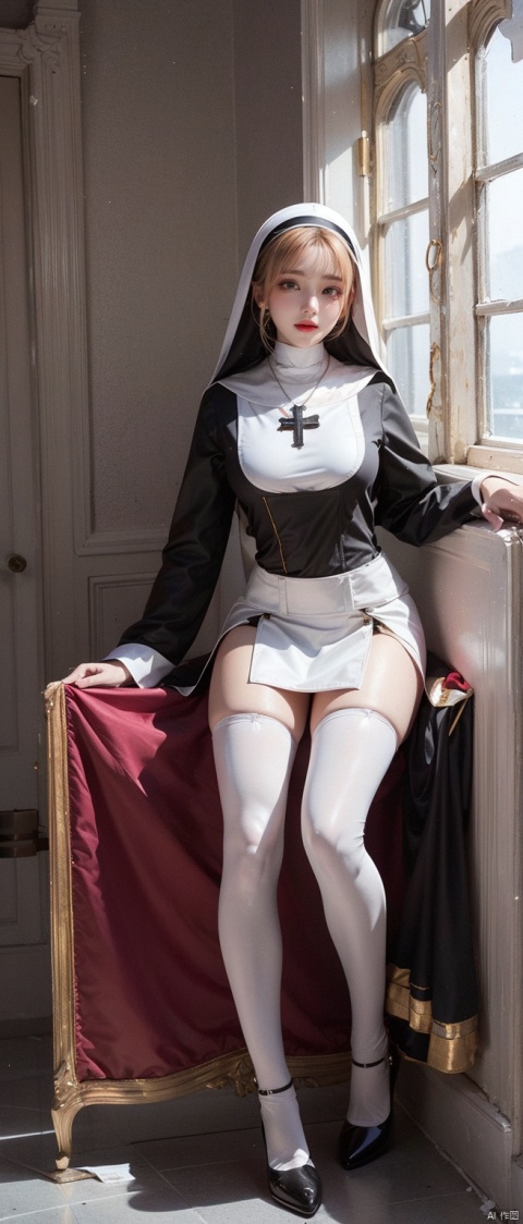  A girl. Golden hair. Black cloth headwear.A nun's uniform. Black headband. big boobs .Cross necklace.White stockings. Black red soled high heels. Clothing details. Details of stockings. Expose thighs.Oil shined thighs. Black and white nun uniform., jiqing