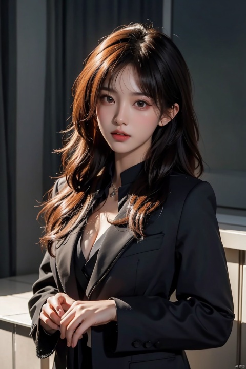  HDR, UHD, 8K, Highly detailed, best quality, masterpiece,1girl, messy hair,black suit,looking at viewer,Photos, photography, ((poakl)), (\yan yu\)