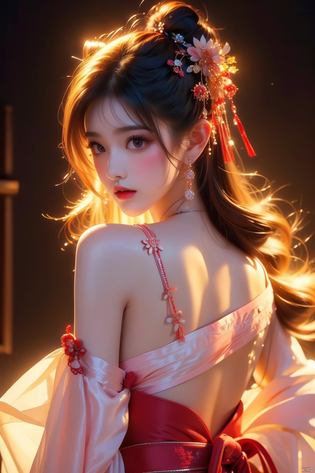 (masterpiece, best quality, best shadow,official art, correct body proportions, Ultra High Definition Picture,master composition),(best hands details:1.2), (backlight:1.2) , (bust), ////// 1girl, (pinke hair,long hair),fox ears, hair ornament, earrings, purple eyes,bare shoulders, detached sleeves,wide sleeves, jewelry,sideboob,japaneseclothes, plump, sexy, front facing photo, facing the audience, ////// black background , backlight ,light, Japanese Shrine, Indoor, ////// 1girl, masterpiece, yae miko, cute girl,