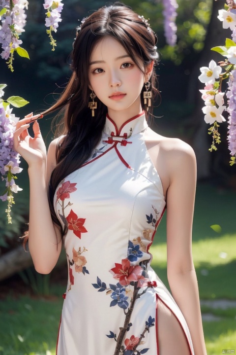 1girl, blurry, blurry_background, blurry_foreground, depth_of_field, motion_blur, hand_fan, bokeh, photo_\(medium\), solo, dress, chinese_clothes, black_hair, earrings, lips, 3d, photo_background, holding, focused, jewelry, wisteria, holding_fan, looking_at_viewer, photorealistic, china_dress,extremely detailed CG unity 8k wallpaper,masterpiece, best quality, ultra-detailed, beautiful detailed eyes:1.2,best illumination, (best shadow, an extremely delicate and beautiful, bloom),best quality, masterpiece, highres, original, extremely detailed wallpaper, perfect lighting,(extremely detailed CG:1.2), drawing, paintbrush,, ,qp, 1 girl