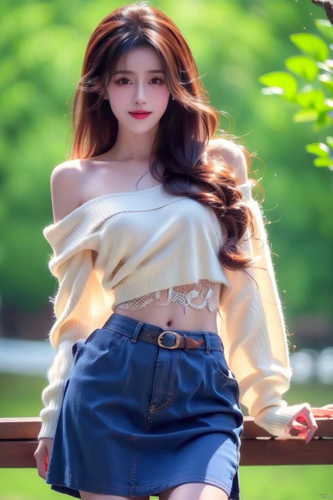 best quality, masterpiece, cowboy_shot,(Good structure), DSLR Quality,Depth of field,kind smile,looking_at_viewer,Dynamic pose, 1girl, 3d, bare_shoulders, belt, blurry, blurry_background, blurry_foreground, branch, , , , collarbone, *******_photo, denim, denim_skirt, depth_of_field, , lips, long_hair, looking_at_viewer, midriff, miniskirt, motion_blur, navel, outdoors, photo_\(medium\), realistic, skirt, solo, standing, tree, , , , blackpantyhose, , , , , futuaner