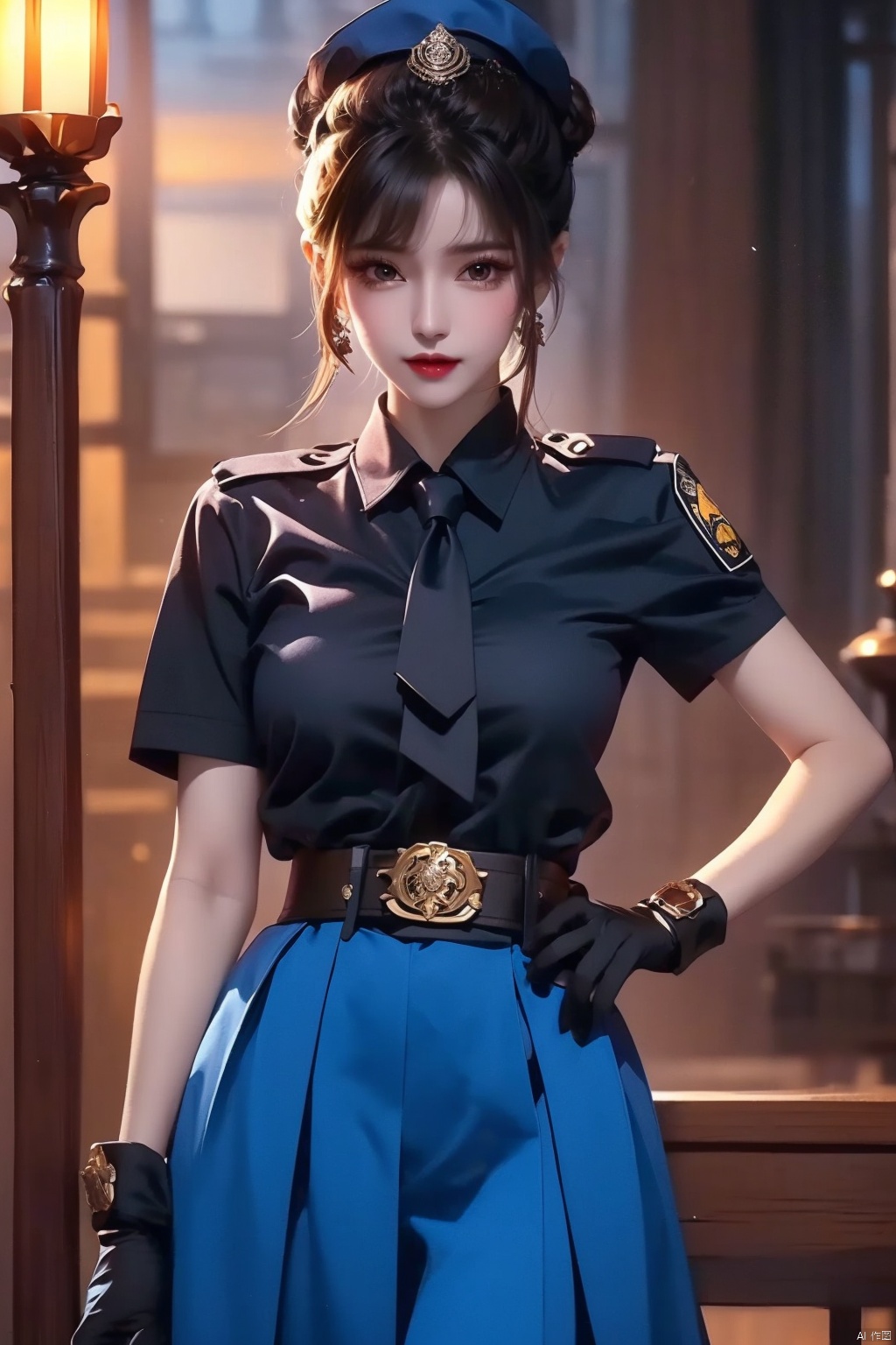 1girl,police uniform,police,uniform,policewoman,solo,chun-li,police hat,gloves,hat,brown hair,fingerless gloves,hair bun,necktie,pantyhose,brown eyes,double bun,looking at viewer,spiked bracelet,bracelet,belt,spikes,short sleeves,black necktie,side slit,short hair,jewelry,breasts,bangs,shirt,closed mouth,alternate costume,skirt,official alternate costume,lips,pelvic curtain,black gloves,handcuffs,cuffs,blurry background,blue skirt,large breasts,puffy sleeves,collared shirt,black pantyhose,medium breasts,blue shirt,upper body,black belt,*******,puffy short sleeves,peaked cap,indoors,bun cover,muscular,standing,cowboy shot,blue headwear,blurry,clenched hand,smile8K,best quilty,shiranui mai, xiaowu,Punk, 1 girl