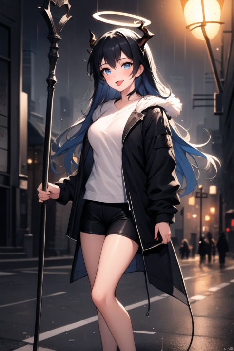  1girl, mostima \(arknights\), colored tongue, halo, horns, blue tongue, blue hair, shirt, blue eyes, white shirt, black shorts, shorts, long hair, solo, looking at viewer, jacket, fur trim, tail, night, outdoors, open clothes, black footwear, boots, black jacket, tongue, wings, demon tail, tongue out, holding, long sleeves, city, short shorts, standing, smile, rain, mismatched gloves, open jacket, gloves, asymmetrical gloves, staff, energy wings, bare legs, detached wings, bangs, street, black gloves, hood, demon horns, fur-trimmed jacket, building, road, maolilan