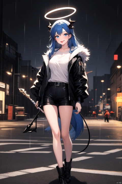  1girl, mostima \(arknights\), colored tongue, halo, horns, blue tongue, blue hair, shirt, blue eyes, white shirt, black shorts, shorts, long hair, solo, looking at viewer, jacket, fur trim, tail, night, outdoors, open clothes, black footwear, boots, black jacket, tongue, wings, demon tail, tongue out, holding, long sleeves, city, short shorts, standing, smile, rain, mismatched gloves, open jacket, gloves, asymmetrical gloves, staff, energy wings, bare legs, detached wings, bangs, street, black gloves, hood, demon horns, fur-trimmed jacket, building, road, maolilan