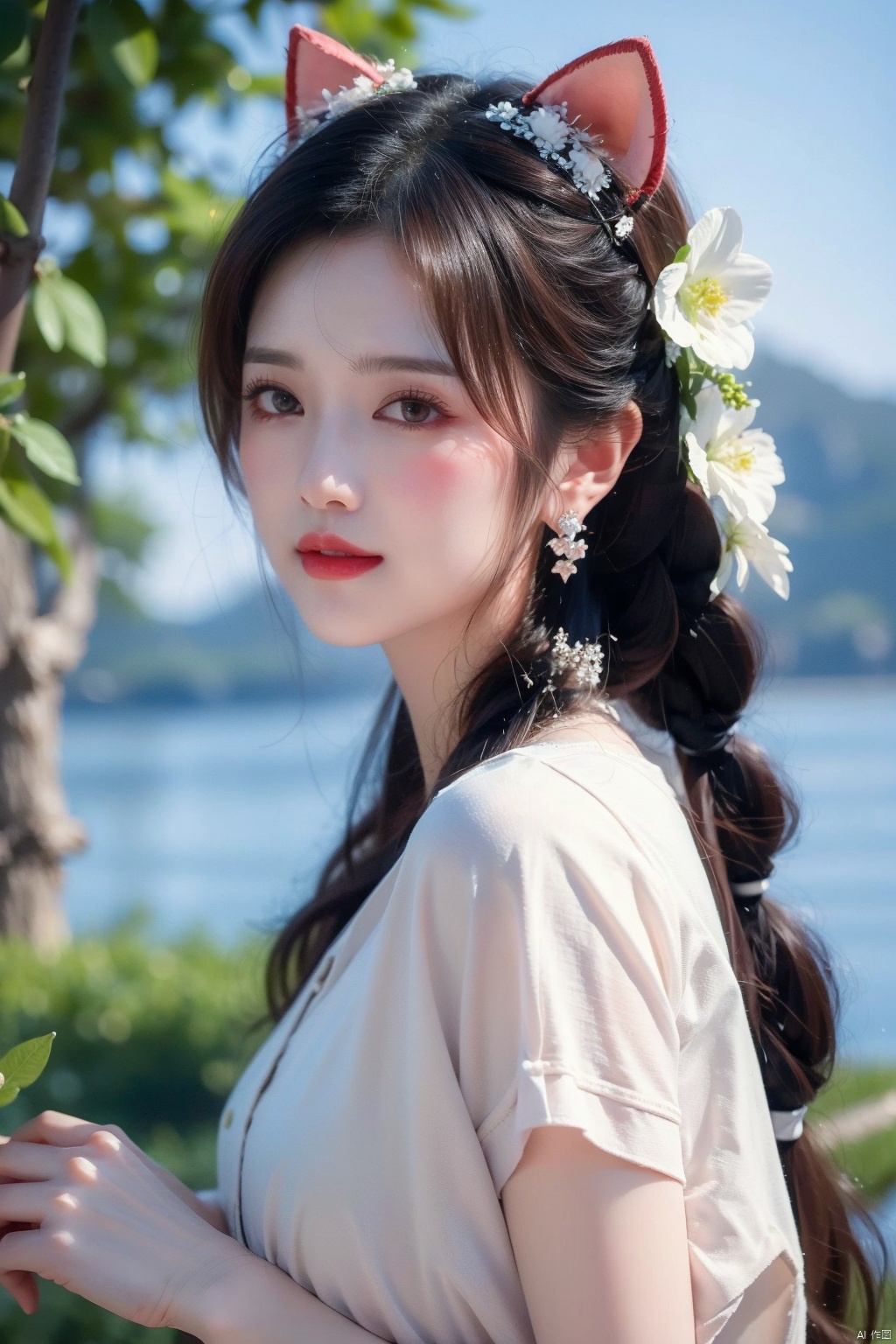  1girl, solo, long hair, looking at viewer, blush, smile, bangs, hair ornament, bow, animal ears, jewelry, yellow eyes, upper body, pink hair, braid, flower, hair bow, hairband, earrings, outdoors, parted lips, alternate costume, cat ears, from side, looking to the side, book, single braid, blue bow, plant, white flower, hair over shoulder, floppy ears, goldenglow \(arknights\), jiqing, 1 girl,moyou