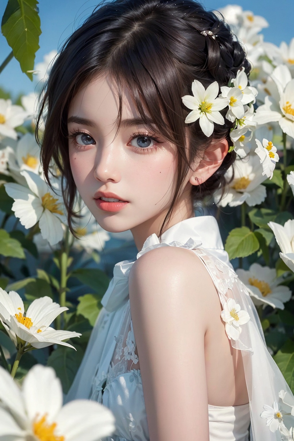  1girl, solo, looking at viewer, short hair, black hair, brown eyes, upper body, flower, parted lips, teeth, hair flower, blurry, lips, white flower, portrait, freckles, realistic, holding flower, ((poakl)),moyou, 1 girl, jiqing, maolilan, (\yan yu\)