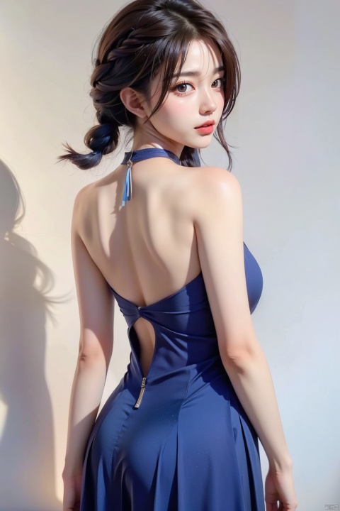1 girl, blue hair, blue double braids, blue eyes (like sapphire), formal dress, semi backless, neckband, skirt, newspaper wall background,Facing the audience directly,The upper part of the back is exposed,