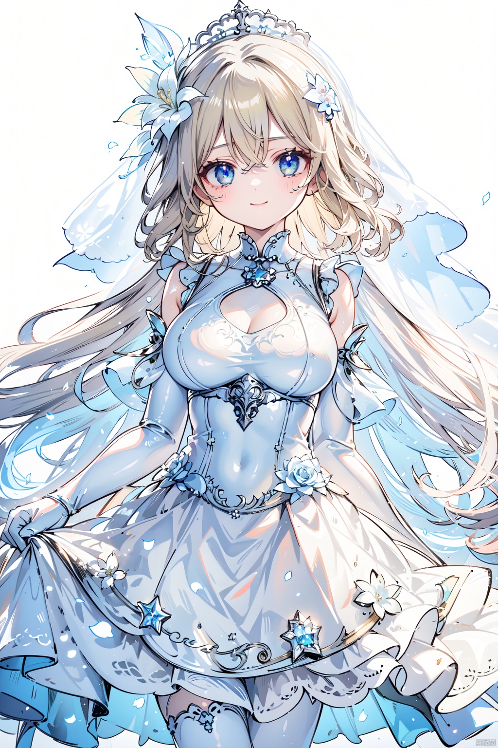  1girl, breasts, dress, long hair, gloves, solo, blue eyes, blonde hair, elbow gloves, large breasts, white dress, flower, looking at viewer, covered nipples, white gloves, smile, wedding dress, bangs, collarbone, hair ornament, bare shoulders, see-through, hair flower, dress lift, clothes lift, sleeveless, cleavage, skirt hold, white background, bridal veil, simple background, closed mouth, sleeveless dress, cover, jiqing, (\MBTI\), maolilan