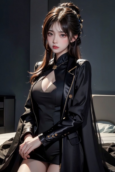  HDR, UHD, 8K, Highly detailed, best quality, masterpiece,1girl, messy hair,black suit,looking at viewer,Photos, photography, ((poakl)), (\yan yu\), 1 girl