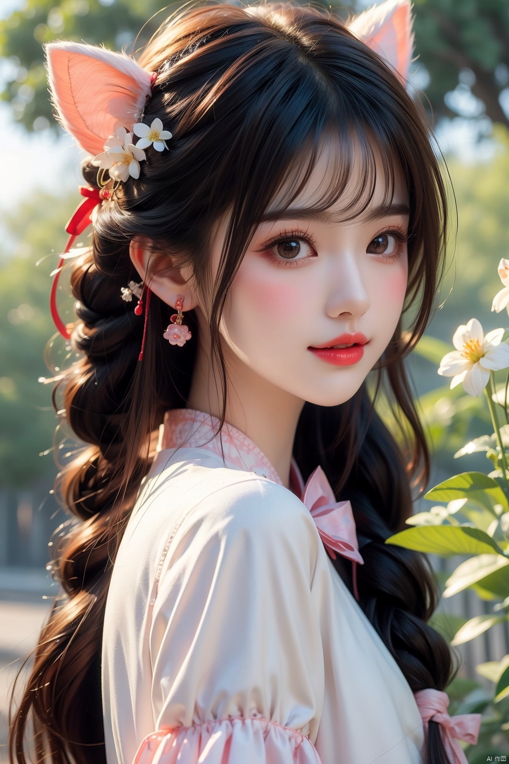  1girl, solo, long hair, looking at viewer, blush, smile, bangs, hair ornament, bow, animal ears, jewelry, yellow eyes, upper body, pink hair, braid, flower, hair bow, hairband, earrings, outdoors, parted lips, alternate costume, cat ears, from side, looking to the side, book, single braid, blue bow, plant, white flower, hair over shoulder, floppy ears, goldenglow \(arknights\), jiqing, 1 girl,moyou