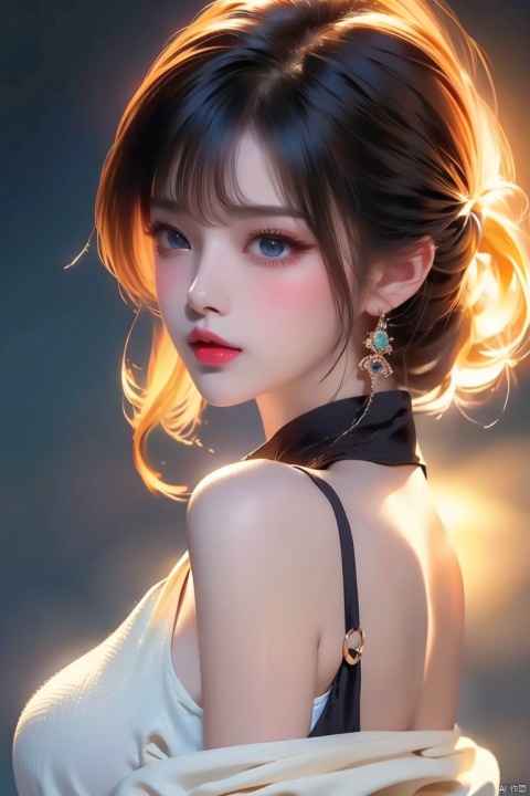  1girl,blonde hair,solo,blue eyes,jewelry,earrings,android 18,short hair,realistic,looking at viewer,upper body,breasts,lips,medium breasts,from side,shirt,grey background,bare shoulders,nose,sleeveless,black shirt,simple background,eyelashes,closed mouth,artist name,makeup,looking to the side,red lips,expressionless,off shoulder,looking back,bangs,sleeveless shirt,from behind,bob cut,jacket,forehead,parted lips,official art,extremely detailed CG unity 8k wallpaper,perfect lighting,Colorful,Bright_Front_face_Lighting,(masterpiece:1),(best_quality:1),ultra high res,8K,ultra-detailed, ((poakl)), (\shen ming shao nv\), (\yan yu\), (\ji jian\), 1 girl