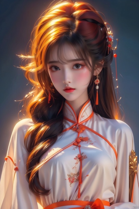 Best quality + masterpiece + Extremely high resolution +1 loli+ looking at the audience + detailed face + orange hair + deep eyes + dress + full bodyimage,,, masterpiece, best quality, mtianmei, mpaidui,