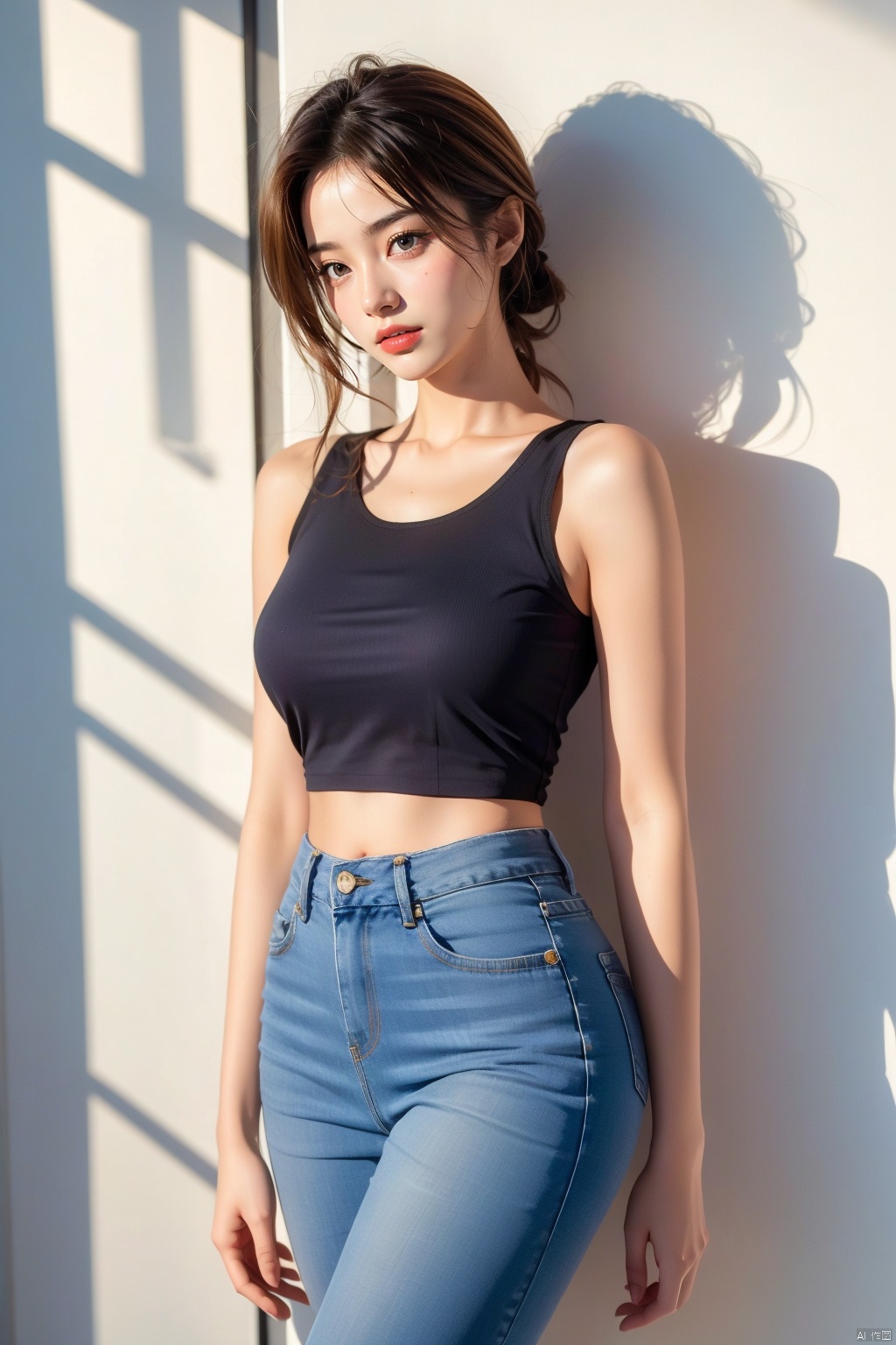  1girl, solo, breasts, looking at viewer, smile, brown hair, black hair, navel, bare shoulders, brown eyes, jewelry, closed mouth, standing, collarbone, cowboy shot, midriff, pants, lips, shadow, **** top, denim, jeans, realistic, arms at sides, 1girl,short skirt, （\personality\）, 1 girl,moyou