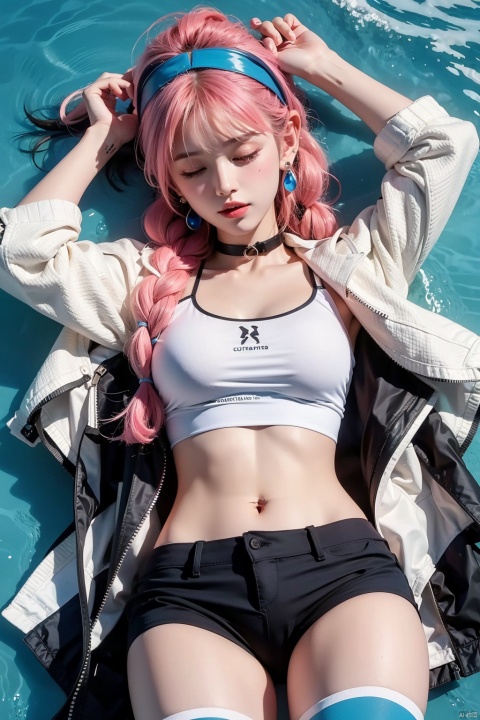  1girl, solo, long hair, breasts, looking at viewer, bangs, blue eyes, navel, bare shoulders, jewelry, jacket, pink hair, braid, cowboy shot, hairband, earrings, small breasts, lying, parted lips, one eye closed, open clothes, shorts, choker, midriff, pants, on back, water, off shoulder, stomach, arm up, twin braids, open jacket, official alternate costume, crop top, short shorts, black shorts, black pants, white jacket, camisole, white hairband, sports bra, spaghetti strap, legwear under shorts, leggings, blue poison \(arknights\), blue poison \(shoal beat\) \(arknights\), jiqing, 1 girl