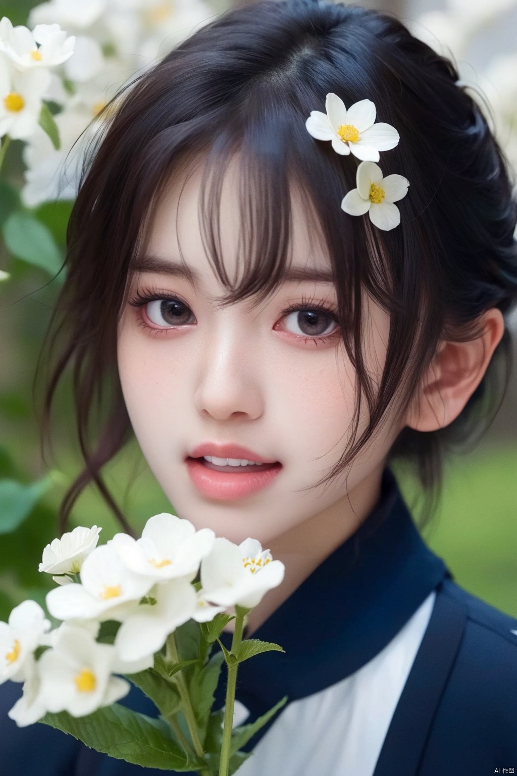  1girl, solo, looking at viewer, short hair, black hair, brown eyes, upper body, flower, parted lips, teeth, hair flower, blurry, lips, white flower, portrait, freckles, realistic, holding flower, ((poakl)),moyou, 1 girl, jiqing, maolilan, (\yan yu\)