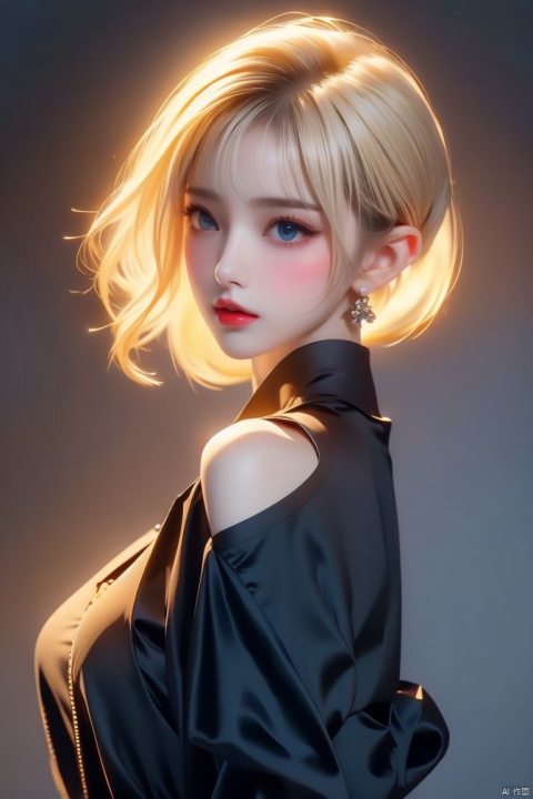  1girl,blonde hair,solo,blue eyes,jewelry,earrings,android 18,short hair,realistic,looking at viewer,upper body,breasts,lips,medium breasts,from side,shirt,grey background,bare shoulders,nose,sleeveless,black shirt,simple background,eyelashes,closed mouth,artist name,makeup,looking to the side,red lips,expressionless,off shoulder,looking back,bangs,sleeveless shirt,from behind,bob cut,jacket,forehead,parted lips,official art,extremely detailed CG unity 8k wallpaper,perfect lighting,Colorful,Bright_Front_face_Lighting,(masterpiece:1),(best_quality:1),ultra high res,8K,ultra-detailed, ((poakl)), (\shen ming shao nv\), (\yan yu\), (\ji jian\), 1 girl