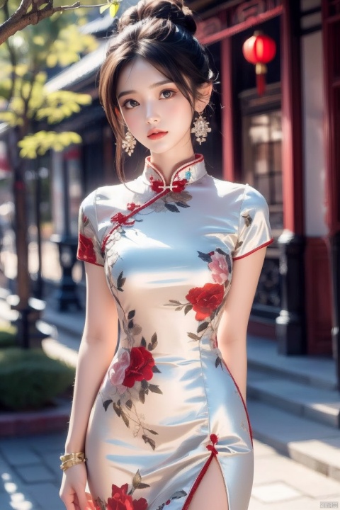  1girl, dress, solo, black hair, chinese clothes, jewelry, earrings, white dress, looking at viewer, china dress, arm behind back, hair bun, day, standing, red lips, tree, short sleeves, outdoors, blurry, bracelet, short hair, architecture, lips, long dress
,
Negative prompt: