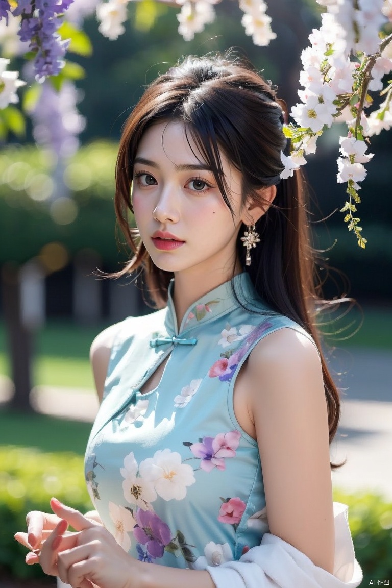 1girl, blurry, blurry_background, blurry_foreground, depth_of_field, motion_blur, hand_fan, bokeh, photo_\(medium\), solo, dress, chinese_clothes, black_hair, earrings, lips, 3d, photo_background, holding, focused, jewelry, wisteria, holding_fan, looking_at_viewer, photorealistic, china_dress,extremely detailed CG unity 8k wallpaper,masterpiece, best quality, ultra-detailed, beautiful detailed eyes:1.2,best illumination, (best shadow, an extremely delicate and beautiful, bloom),best quality, masterpiece, highres, original, extremely detailed wallpaper, perfect lighting,(extremely detailed CG:1.2), drawing, paintbrush,, ,qp