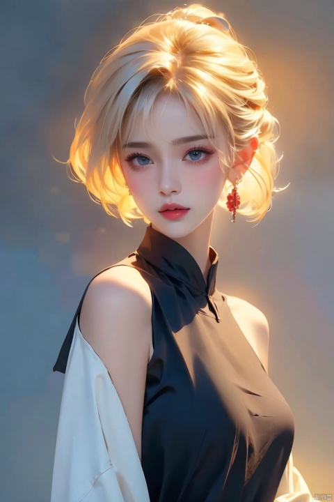 1girl,blonde hair,solo,blue eyes,jewelry,earrings,android 18,short hair,realistic,looking at viewer,upper body,breasts,lips,medium breasts,from side,shirt,grey background,bare shoulders,nose,sleeveless,black shirt,simple background,eyelashes,closed mouth,artist name,makeup,looking to the side,red lips,expressionless,off shoulder,looking back,bangs,sleeveless shirt,from behind,bob cut,jacket,forehead,parted lips,official art,extremely detailed CG unity 8k wallpaper,perfect lighting,Colorful,Bright_Front_face_Lighting,(masterpiece:1),(best_quality:1),ultra high res,8K,ultra-detailed, ((poakl)), (\shen ming shao nv\), (\yan yu\), (\ji jian\), 1 girl
