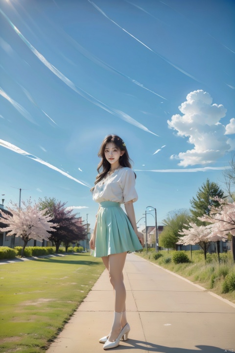  Best Quality, Super High Resolution, a girl (full body photo,) outdoors, white clothes, blue skirt, JK uniform, uniform, full chest, long legs, long hair fluttering, cherry blossom background, blue sky, White Clouds, breeze, turn your face sideways and look to the side, tutututu, lvshui-green dress, babata, (\MBTI\)