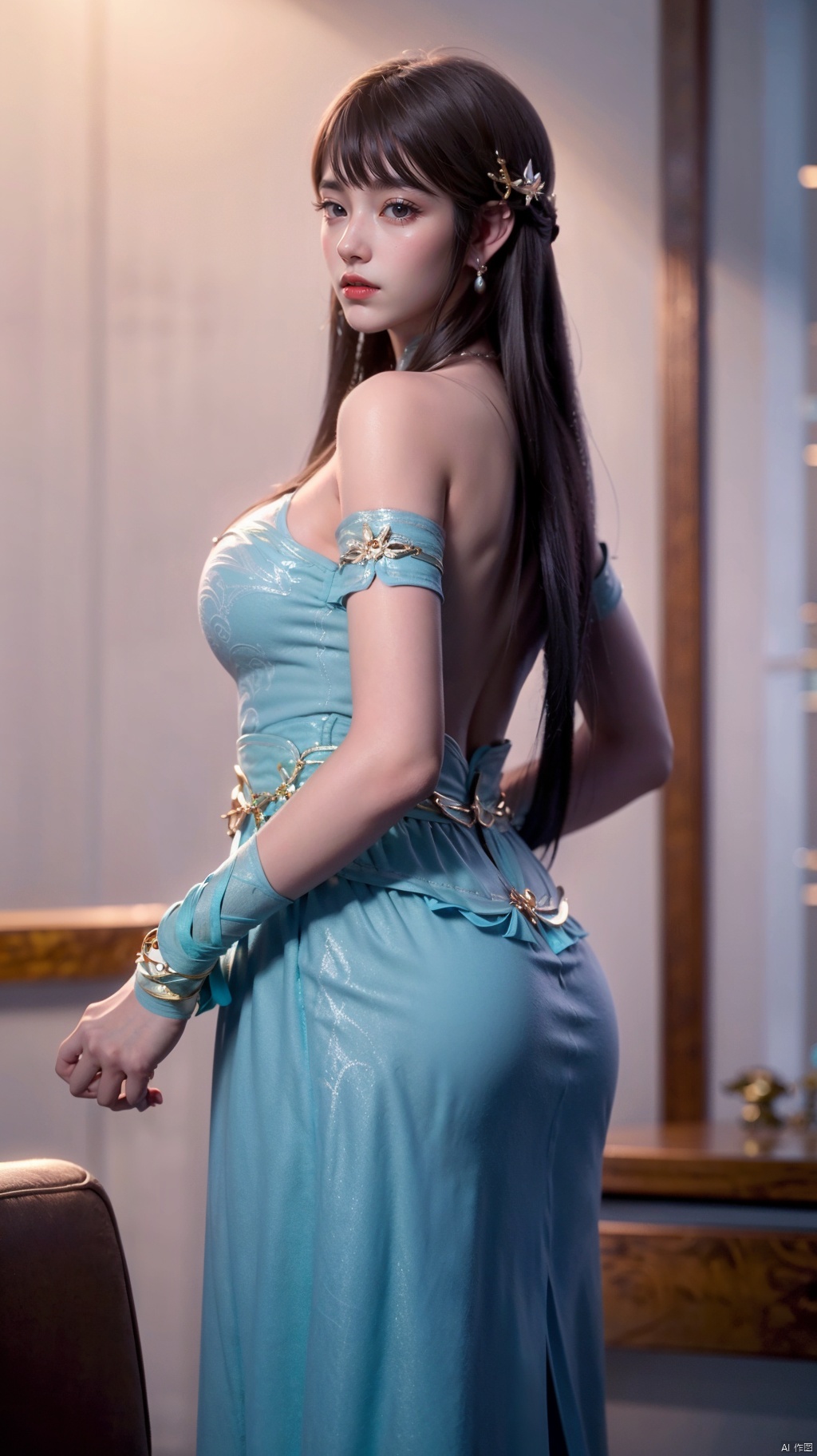 1girl, solo, long hair, breasts, looking at viewer, smile, bangs, large breasts, hair ornament, dress, bare shoulders, jewelry, very long hair, closed mouth, standing, purple hair, ass, cowboy shot, earrings, looking back, indoors, from behind, blurry, bracelet, lips, parted bangs, sideboob, makeup, blurry background, blue dress, back, bandages, lipstick, armlet, gold trim, backless outfit, long dress, red lips, backless dress, gold