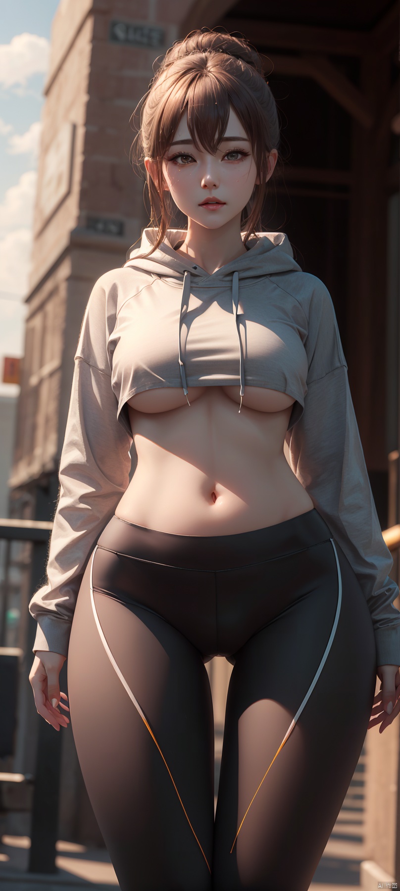  best quality, masterpiece, wearing leggings and a crop top hoodie, cameltoe, (thigh thigh gap 1.1), slim, petite, detailed facial features, detailed, symmetry, cinematic lighting, cameltoe, jujingyi, molika, yunv, ((poakl))