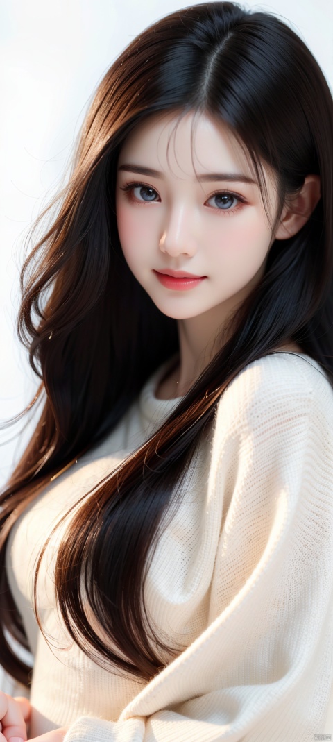 front style,1girl,solo,long hair,black eyes, red hair,smile,elegant,delicate facial features, upper body ,white overcoat,yellow sweater,black hair ,looking at viewer,frontal,simple background, white background,(best quality), ((masterpiece)), (an extremely delicate and beautiful), original, extremely detailed wallpaper

