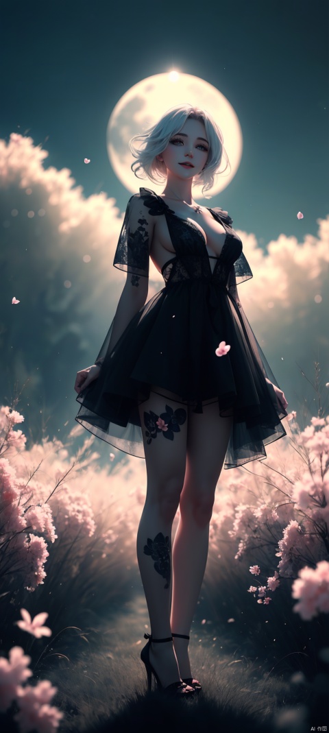  tutututu, high heels, full body, masterpiece, best quality, 1girl, (colorful),(delicate eyes and face), volumatic light, ray tracing, bust shot ,extremely detailed CG unity 8k wallpaper,solo,smile,(nakedness),((flying petal)),(Flowery meadow) sky, cloudy_sky, moonlight, moon, night, (dark theme:1.3), light, fantasy, windy, magic sparks, dark castle,white hair, shuic01, tattoo, ((poakl))
