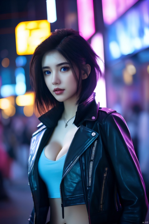  Cyberpunk girl,1girl,solo, looking at viewer,black hair,cleavage,jewelry,medium breasts,jacket,upper body,midriff,necklace,blurry,lips,realistic,nose,leather,leather jacket,((beautiful face:1.2)),((beautiful eyes:1.4))