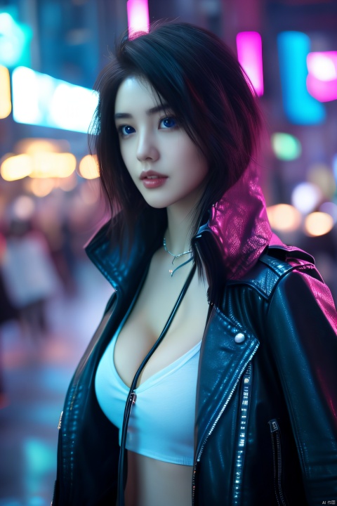 Cyberpunk girl,1girl,solo, looking at viewer,black hair,cleavage,jewelry,medium breasts,jacket,upper body,midriff,necklace,blurry,lips,realistic,nose,leather,leather jacket,((beautiful face:1.2)),((beautiful eyes:1.4))