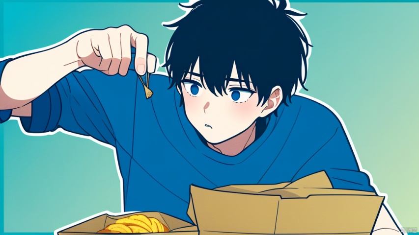 1 boy,(A black-haired teenager with depressed and deep eyes; eating cheap takeaway. A lonely expression:1)