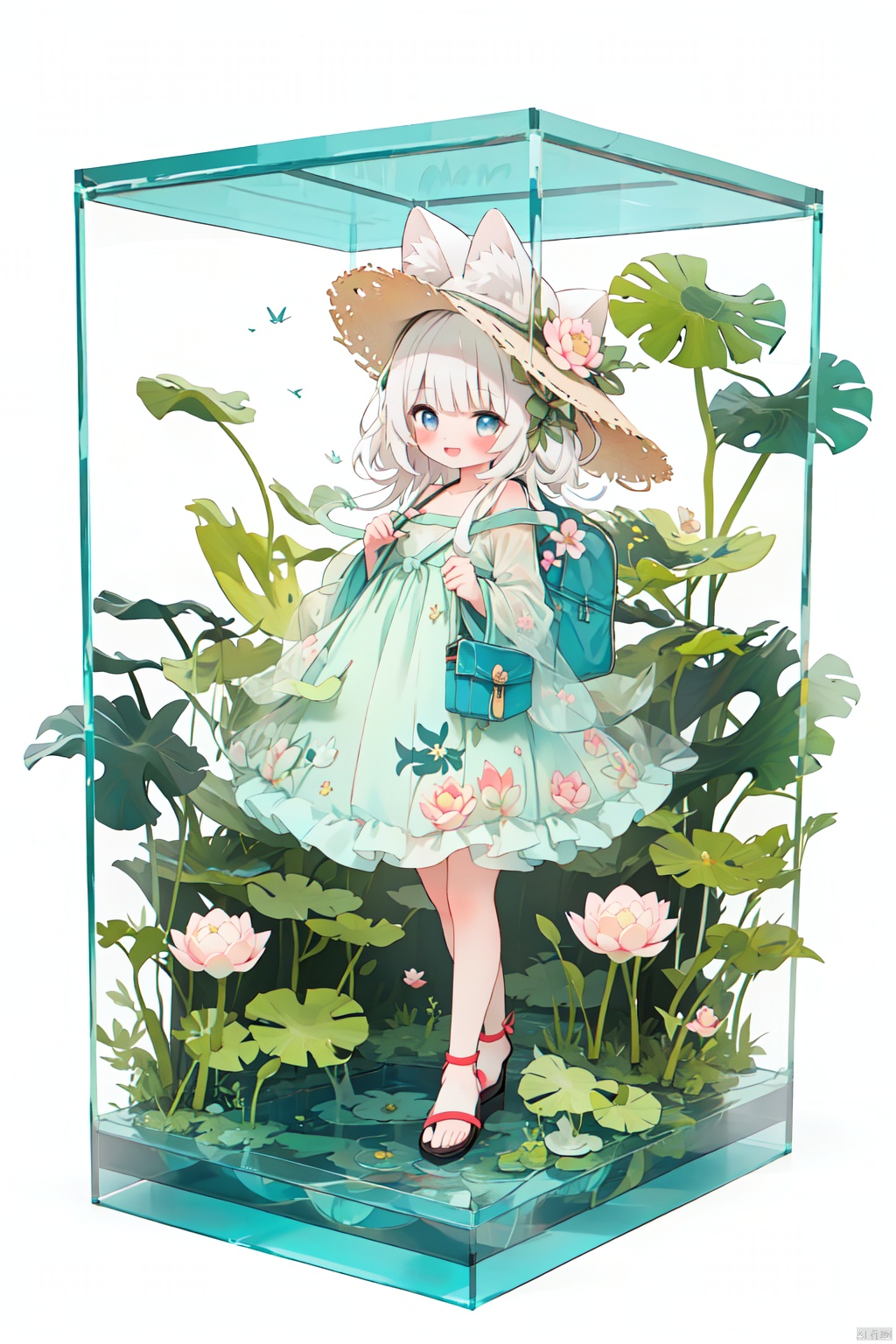 best quality, masterpiece, illustration,1girl, solo, full body, white hair, blue eye, (pond:1.2), straw hat, lotus leaf, summer, fruit, happy expression, happy action, summer wear, sandals, lotus, loli, (simple background:1.2), Blind box, in the (acrylic box:1.2),Animal ear