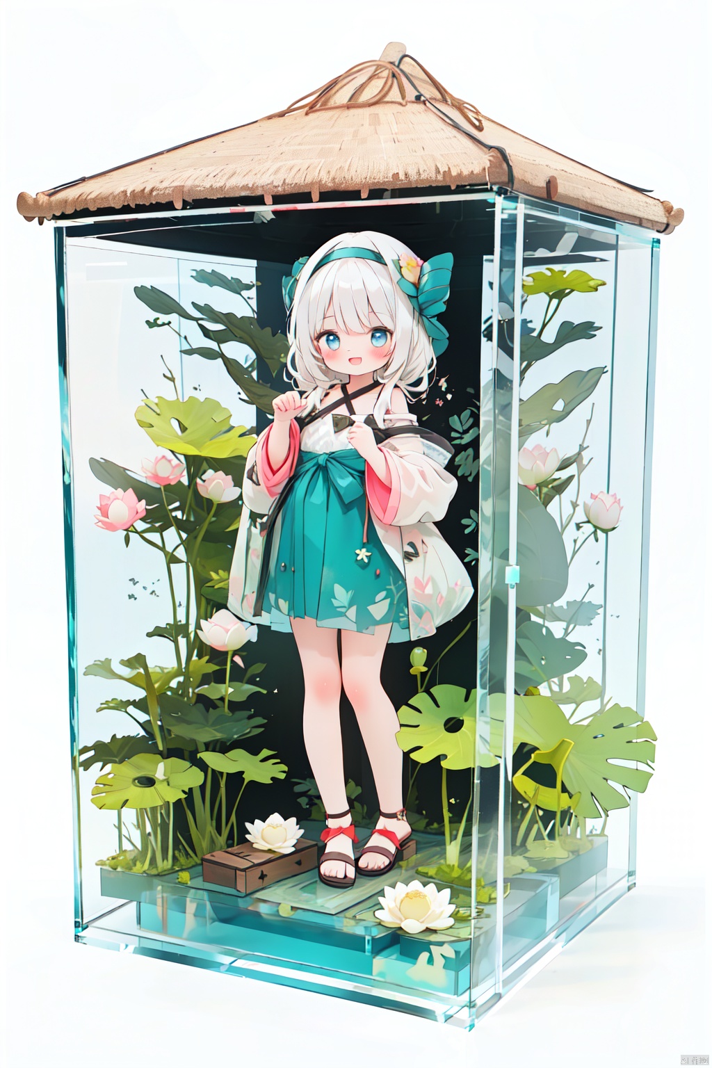 best quality, masterpiece, illustration,1girl, solo, full body, white hair, blue eye, (pond:1.2), straw hat, lotus leaf, summer, fruit, happy expression, happy action, summer wear, sandals, lotus, loli, (simple background:1.2), Blind box, in the (acrylic box:1.2)