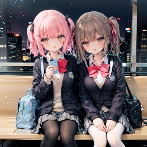 multiple girls, 2girls, brown hair, pantyhose, phone, hair ornament, brown eyes, skirt, cellphone, school uniform, bag, sitting, smartphone, bow, jacket, school bag, hairclip, open mouth, short hair, twintails, charm (object), holding phone, plaid, ribbon, blazer, holding, half updo, sweater, long hair, outdoors, blush, bow, bowtie, plaid skirt, smile, hair ribbon, bangs, long sleeves, shirt, cardigan, ground vehicle, (on the bus)