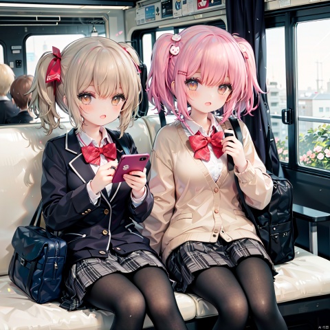 multiple girls, 2girls, brown hair, pantyhose, phone, hair ornament, brown eyes, skirt, cellphone, school uniform, bag, sitting, smartphone, bow, jacket, school bag, hairclip, open mouth, short hair, twintails, charm (object), holding phone, plaid, ribbon, blazer, holding, half updo, sweater, long hair, outdoors, blush, bow, bowtie, plaid skirt, smile, hair ribbon, bangs, long sleeves, shirt, cardigan, ground vehicle, on the bus