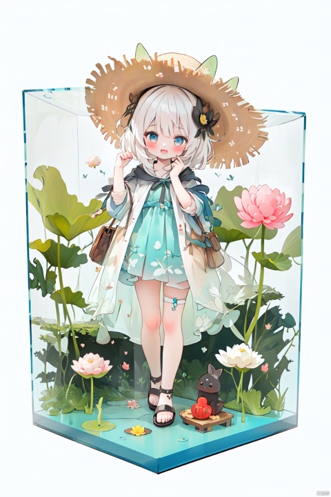 best quality, masterpiece, illustration,1girl, solo, full body, white hair, blue eye, (pond:1.2), straw hat, lotus leaf, summer, fruit, happy expression, happy action, summer wear, sandals, lotus, loli, (simple background:1.2), Blind box, in the (acrylic box:1.2)