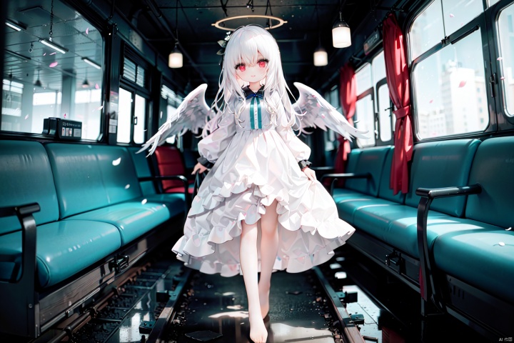 1loli, halo, wings, dress, white hair, solo, red eyes, 
very long hair, white dress, angel wings, angel, chromatic aberration, white wings, feathered wings, train interior, looking at viewer, blurry, bangs, train, standing, white skin, window, frilled dress, scenery, building, white theme, pale skin, depth of field, full body, long sleeves ,wide shot, outdoors, floating, blurry background, indoors, hair between eyes, barefoot, railroad tracks, holding, closed mouth, albino, petals, flower, reflection