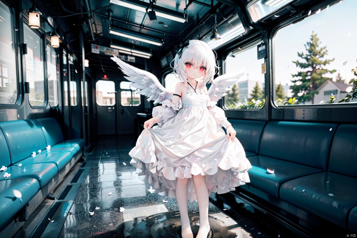 1loli, halo, wings, dress, white hair, solo, red eyes, 
very long hair, white dress, angel wings, angel, chromatic aberration, white wings, feathered wings, train interior, looking at viewer, blurry, bangs, train, standing, white skin, window, frilled dress, scenery, building, white theme, pale skin, depth of field, full body, long sleeves ,wide shot, outdoors, floating, blurry background, indoors, hair between eyes, barefoot, railroad tracks, holding, closed mouth, albino, petals, flower, reflection
