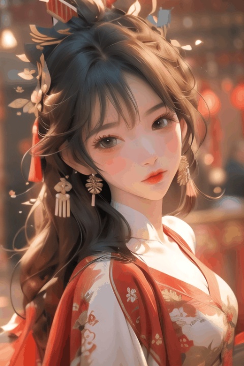  Lunar New Year,Spring Festival,Year of the Dragon,(Happy New Year ),1girl,red Hanfu,turns head to the view