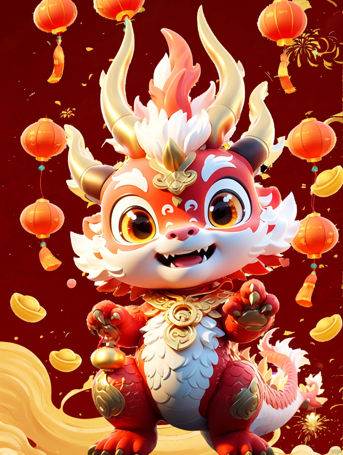  couplets, holding couplets,HTTP, fangs, solo, paper lantern, dragon, horns, open mouth, chinese new year, no humans, lantern, looking at viewer, smile, eastern dragon, claws, dragon horns, fireworks, banner, golden treasure