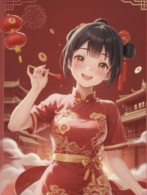 chinese new year, 1girl, blush, smile, short hair, open the eyes,open mouth, bangs,  black hair, short sleeves, hair bun, chinese clothes, red dress, single hair bun, red shirt, china dress