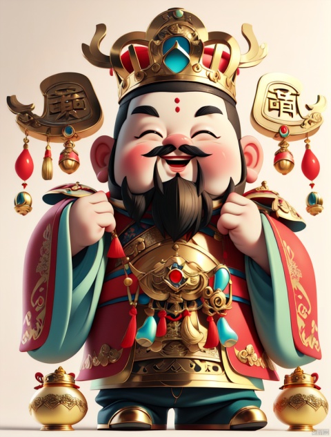 sulo,full body,dafengcaishen, solo, blush, smile, open mouth, simple background, black hair, 1boy,chineseclothes, white background, Gold ingot in hand, Smiling eyes, male focus, ^_^, facial hair,  crown, gem, facing viewer, beard, mustache,