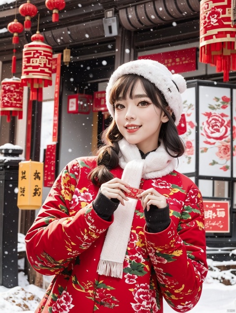 ((masterpiece)), ((best quality)), 8k, high detailed, ultra-detailed, a girl, smile, New Year's greetings,scarf, winter, snowing, upper body, northeast big flower jacket, northeast big flower jacket, chinese new year, Lanterns, firecrackers, cuihua, red background, 
