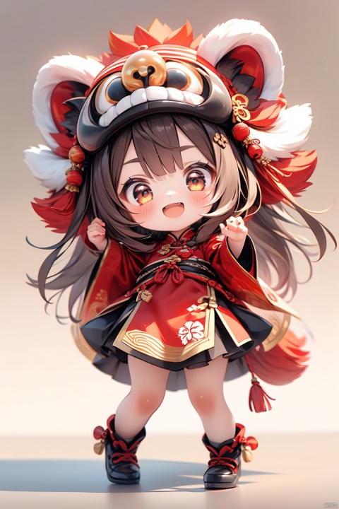  Lion dance,(\shi shi ru yi\), 1girl, smile, open mouth, dress, hat, solo, blush, full body, looking at viewer, bangs, standing,chibi, dofas