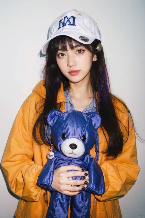  1girl, teddy bear, baseball cap, hat, solo, stuffed animal, stuffed toy, smile, long hair, hood down, jacket, hood, headphones, closed mouth, purple hair, long sleeves, fingernails, nail polish, sleeves past wrists, looking at viewer, multicolored eyes, bangs, hooded jacket, yellow nails, red jacket, multicolored nails, hair ornament, object hug, blush, red nails, white headwear, upper body, purple eyes, claw pose, heart, black headwear, hand up, bow, hoodie, hairclip, nail art, button badge, very long hair, hair between eyes, orange nails, puffy long sleeves, puffy sleeves, black bow, badge, holding, drawstring, red eyes, pink nails, star (symbol), multicolored hair, blue nails, holding stuffed toy, lightning bolt symbol, colorful, looking to the side, takei film, Detail