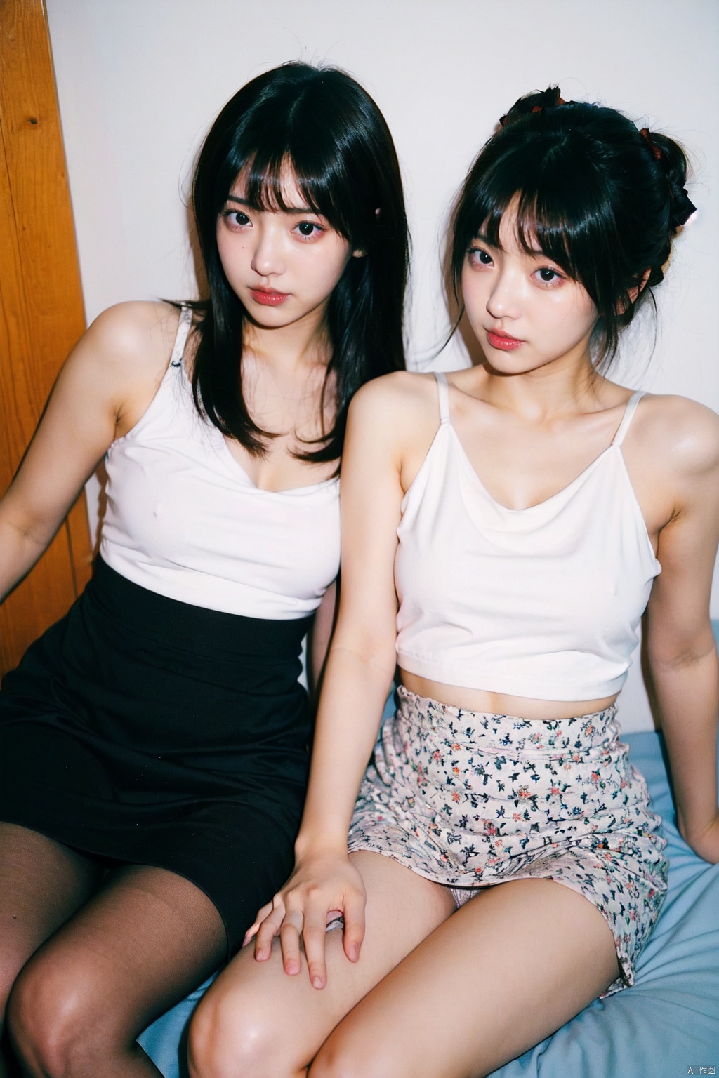  2girls,2_girls,yuri,girl's_love,yuri (dirty pair) (cosplay),black pantyhose, Detail, takei film